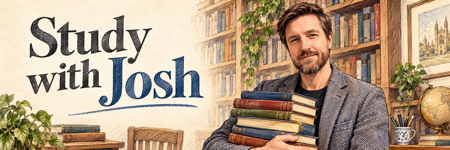 Study with Josh — Josh holding a stack of books in a library